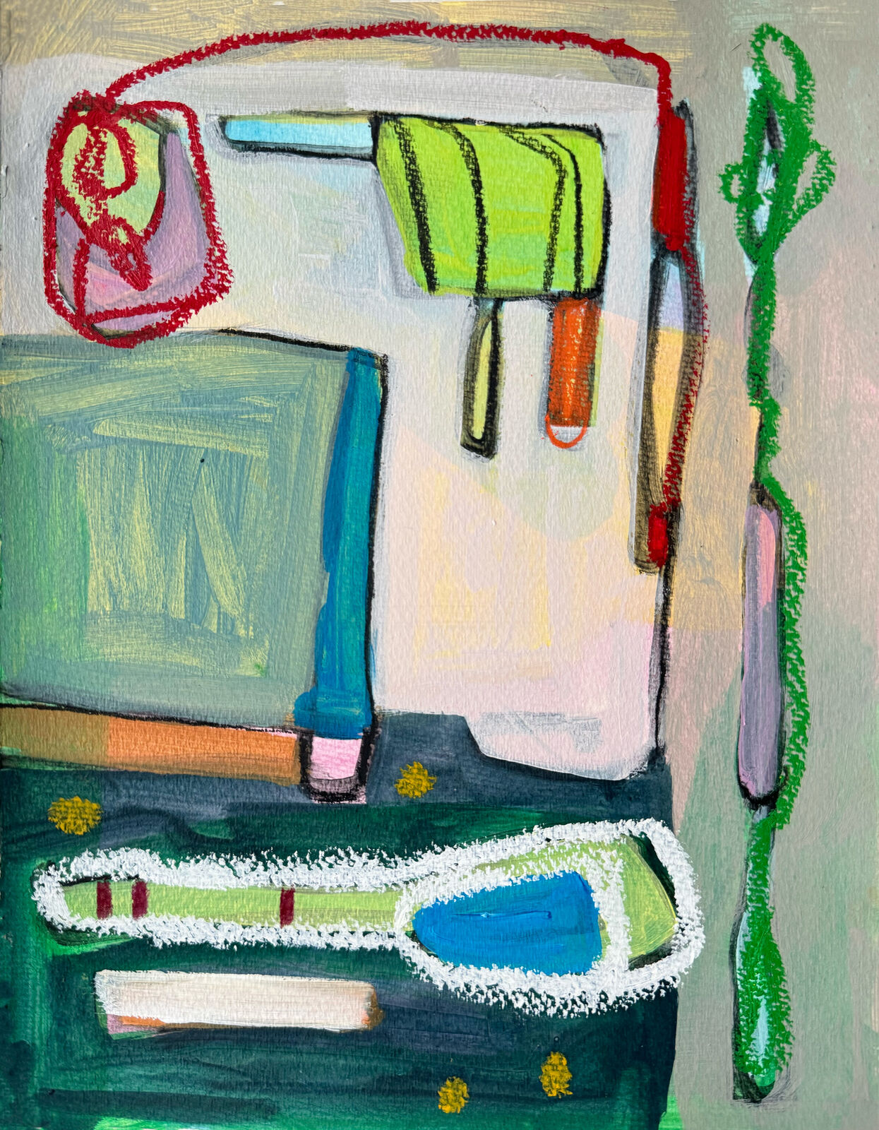 A colorful, abstract composition of a kitchen sink scene with a toothbrush and sponge.