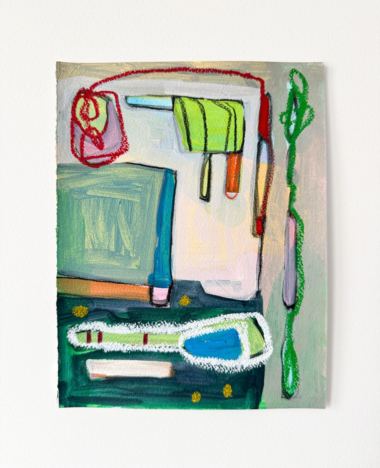 A colorful, abstract composition of a kitchen sink scene with a toothbrush and sponge.