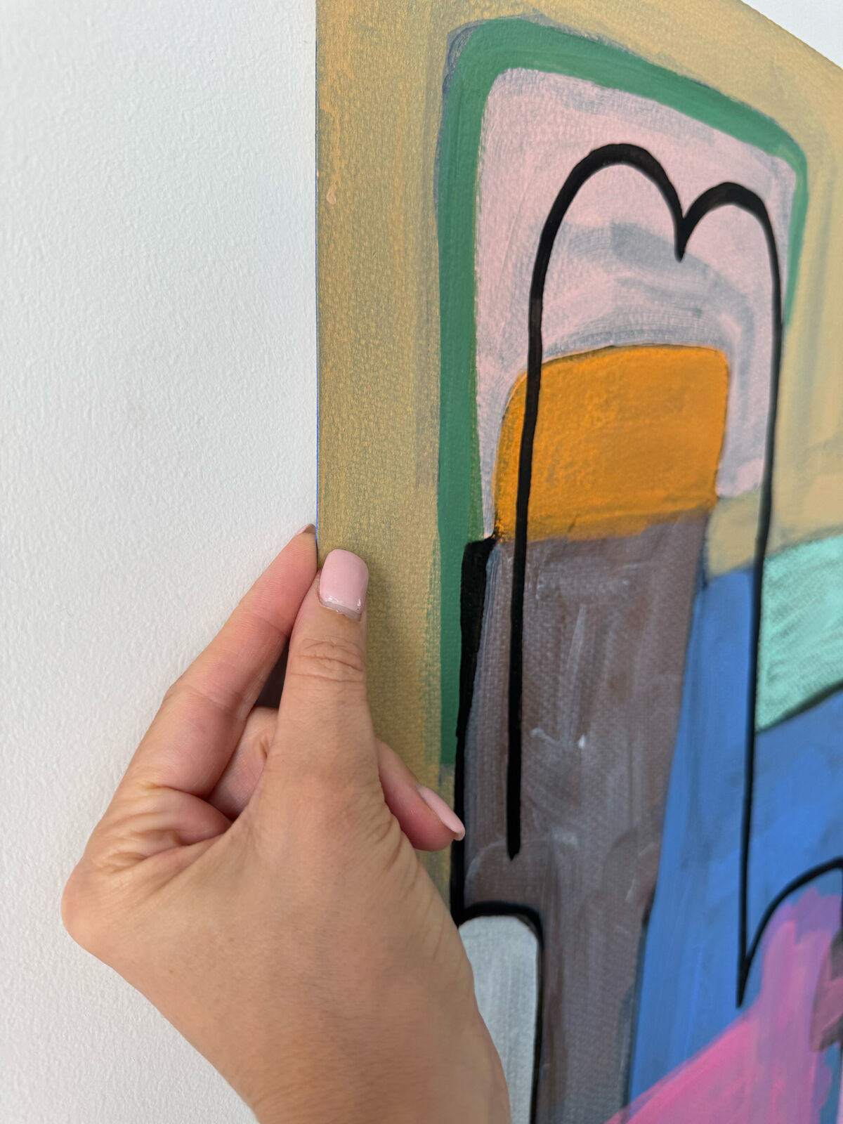 An abstract composition of colorful geometric shapes and organic forms on a textured canvas.