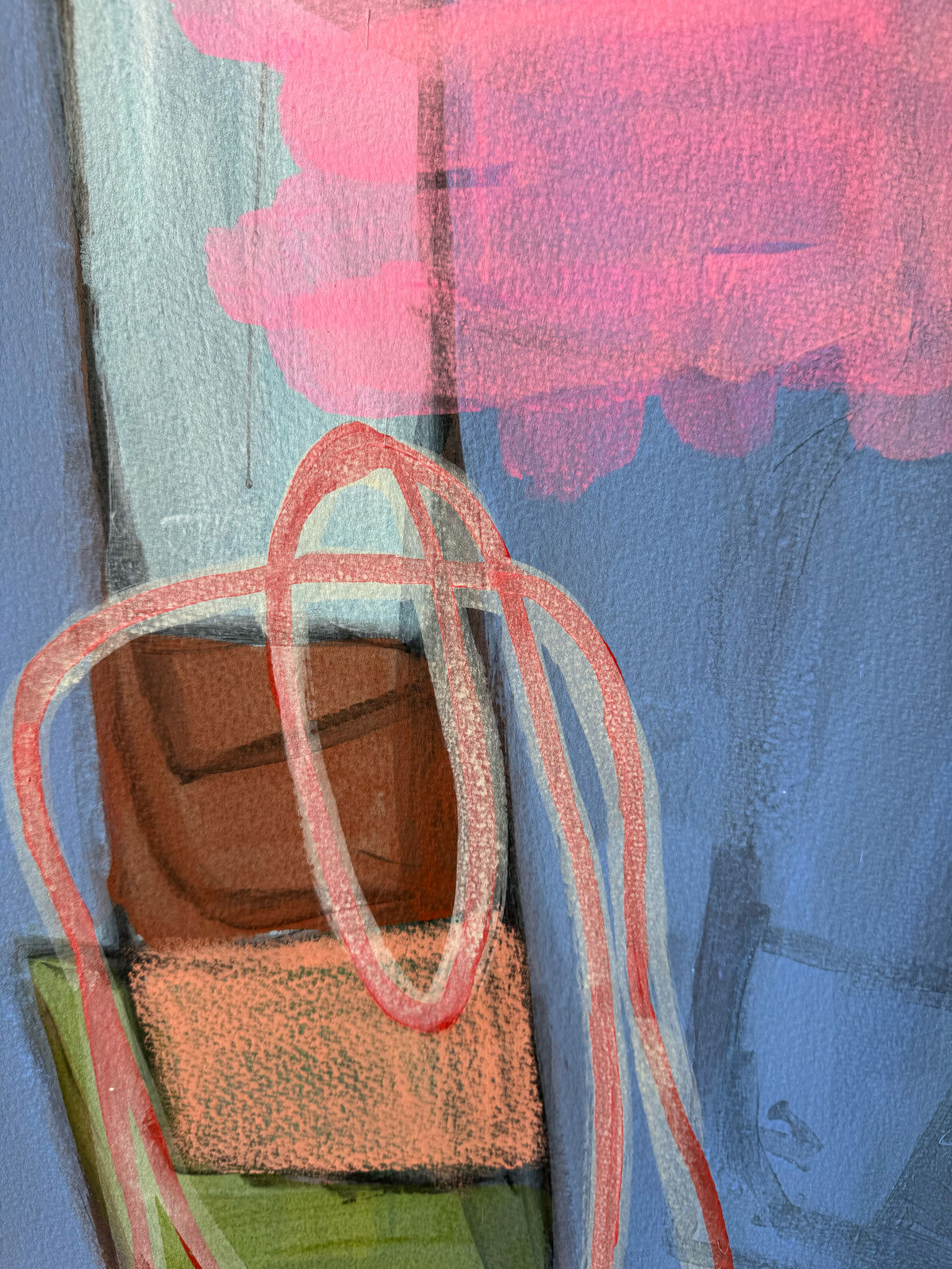 An abstract composition of colorful geometric shapes and organic forms on a textured canvas.