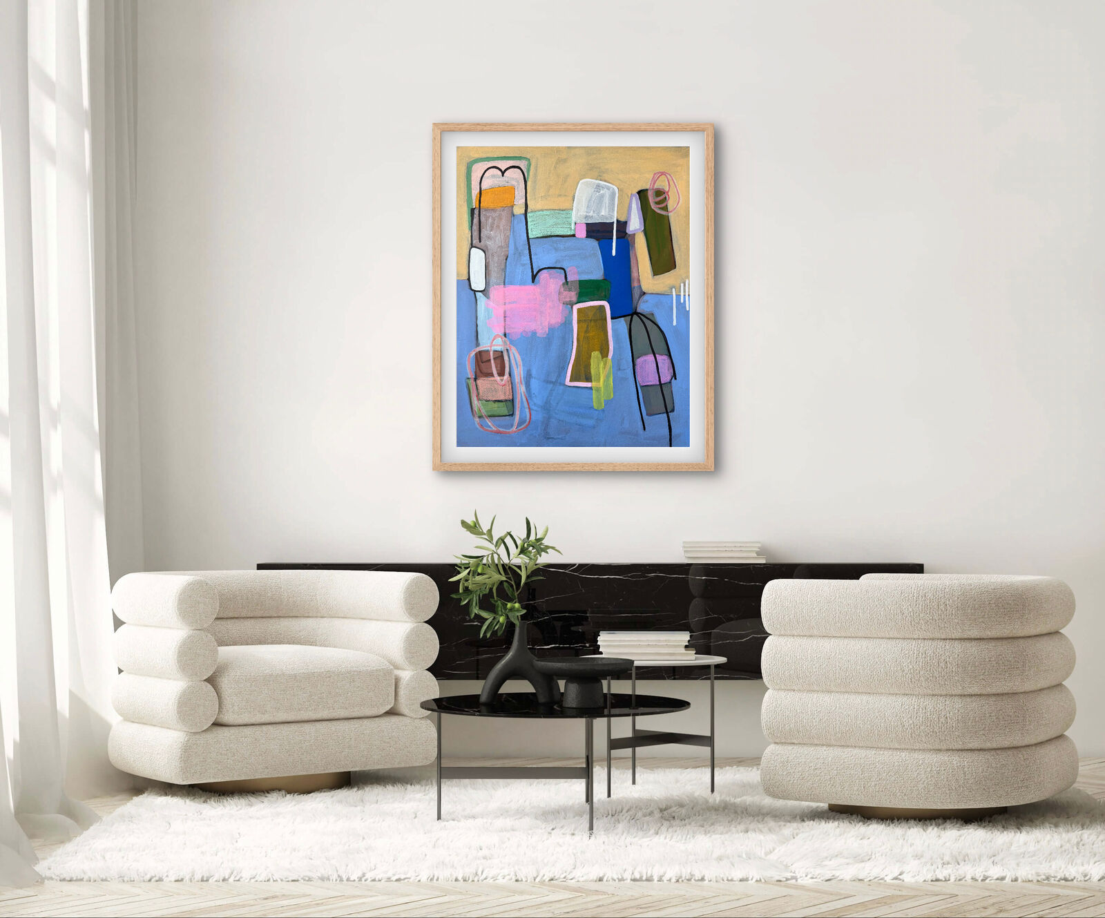 An abstract composition of colorful geometric shapes and organic forms on a textured canvas.