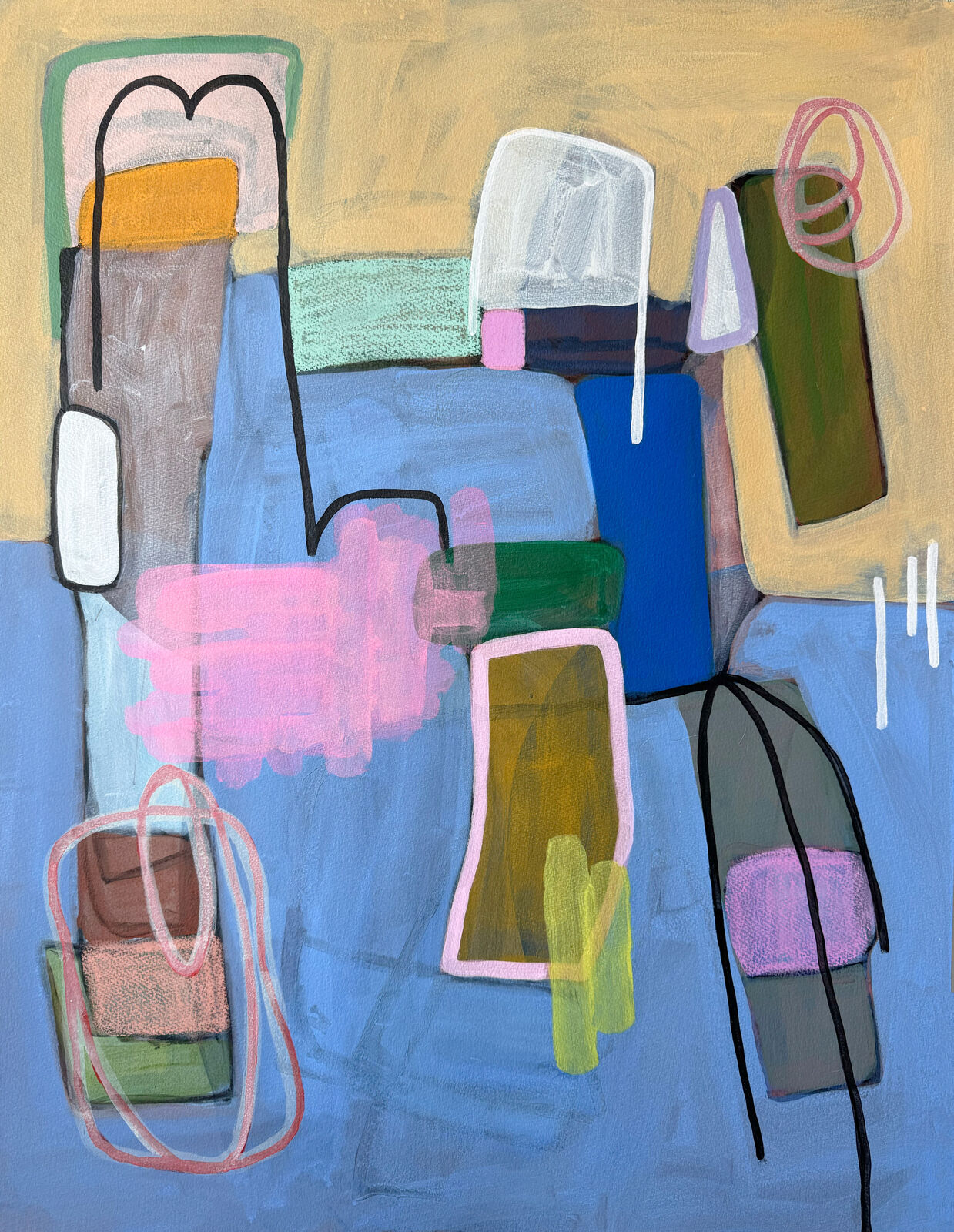 An abstract composition of colorful geometric shapes and organic forms on a textured canvas.