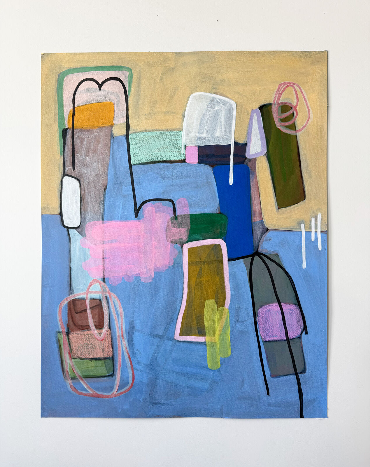 An abstract composition of colorful geometric shapes and organic forms on a textured canvas.