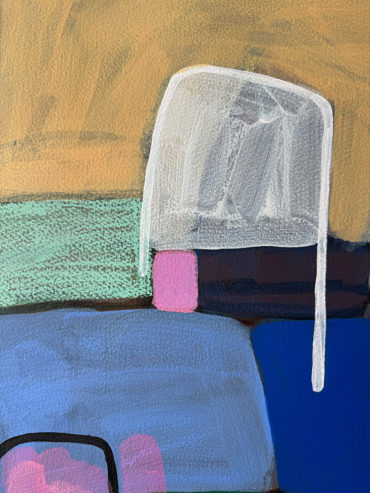An abstract composition of colorful geometric shapes and organic forms on a textured canvas.