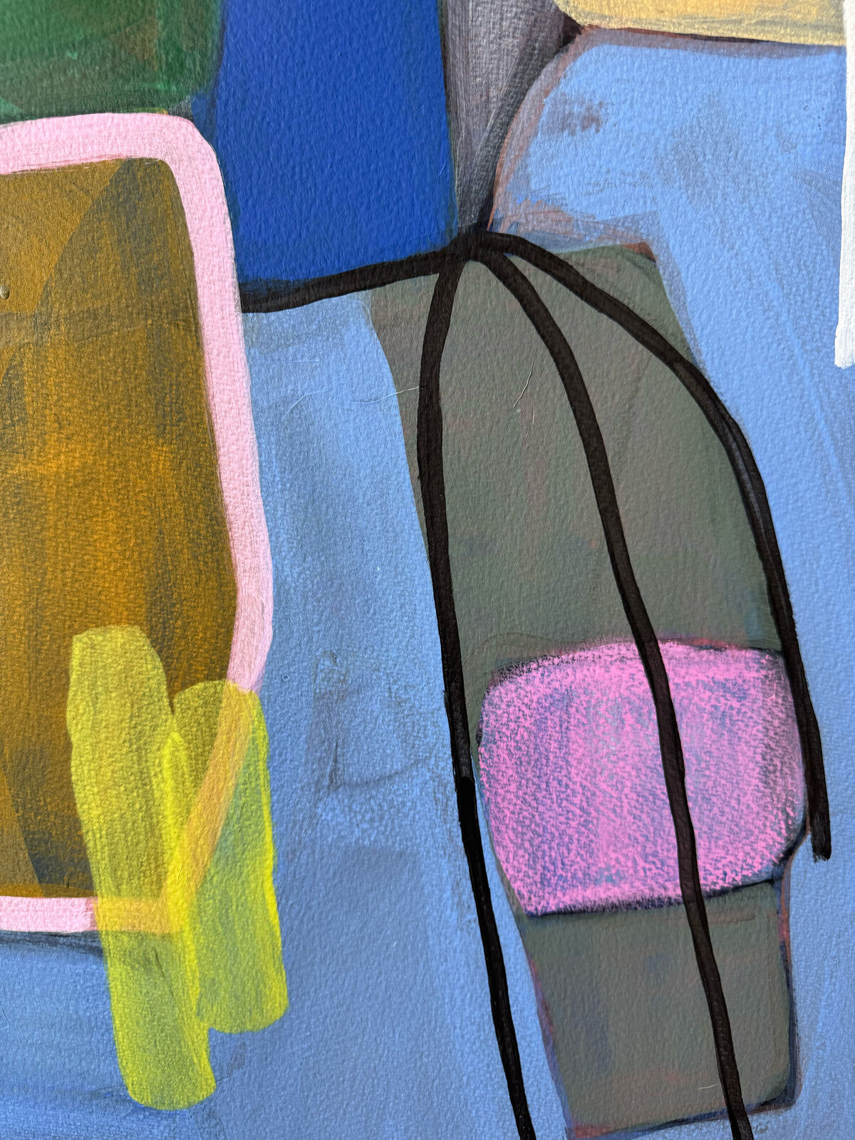 An abstract composition of colorful geometric shapes and organic forms on a textured canvas.