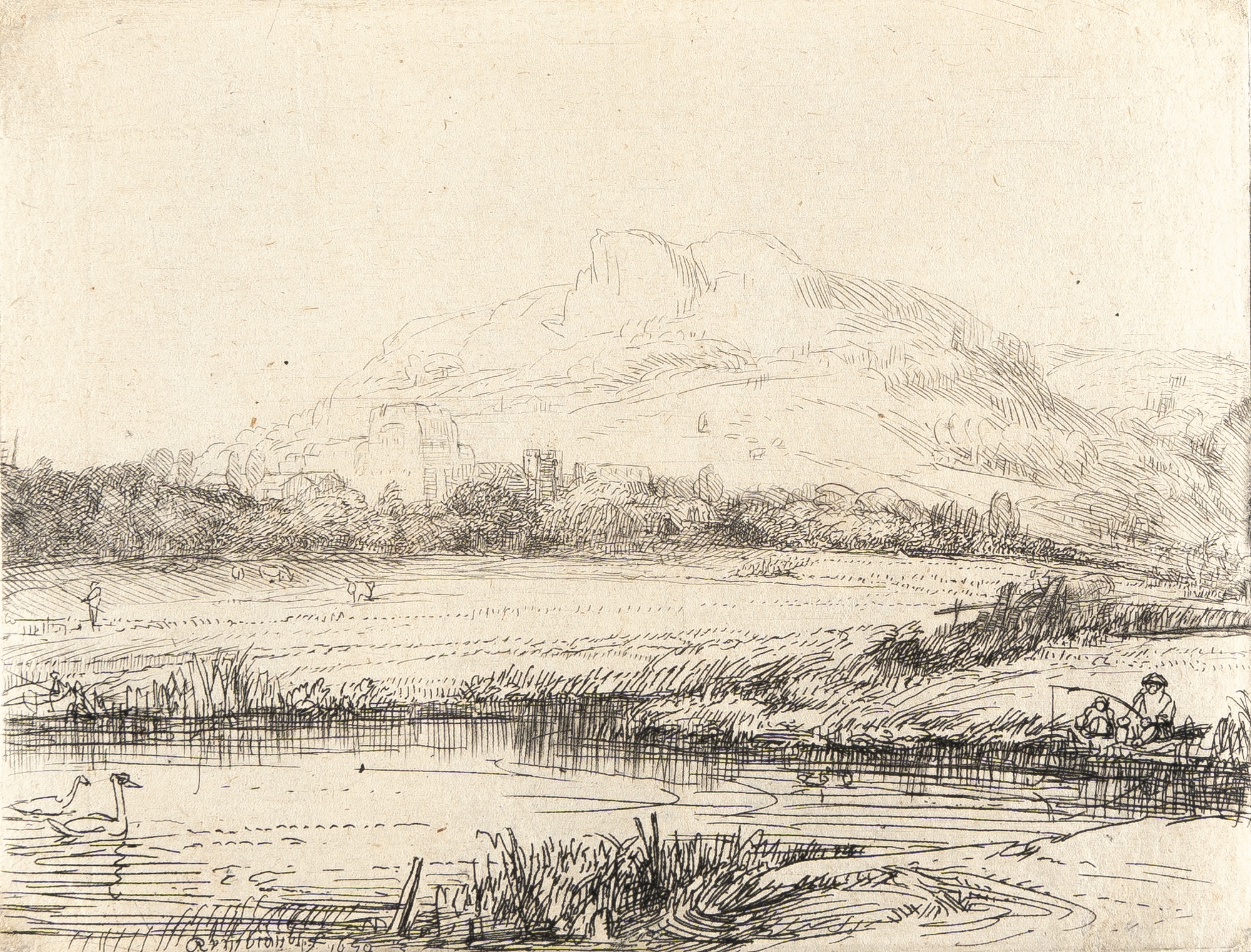 Artwork by Rembrandt van Rijn, Canal With An Angler And Two Swans, Made of Etching & Drypoint 