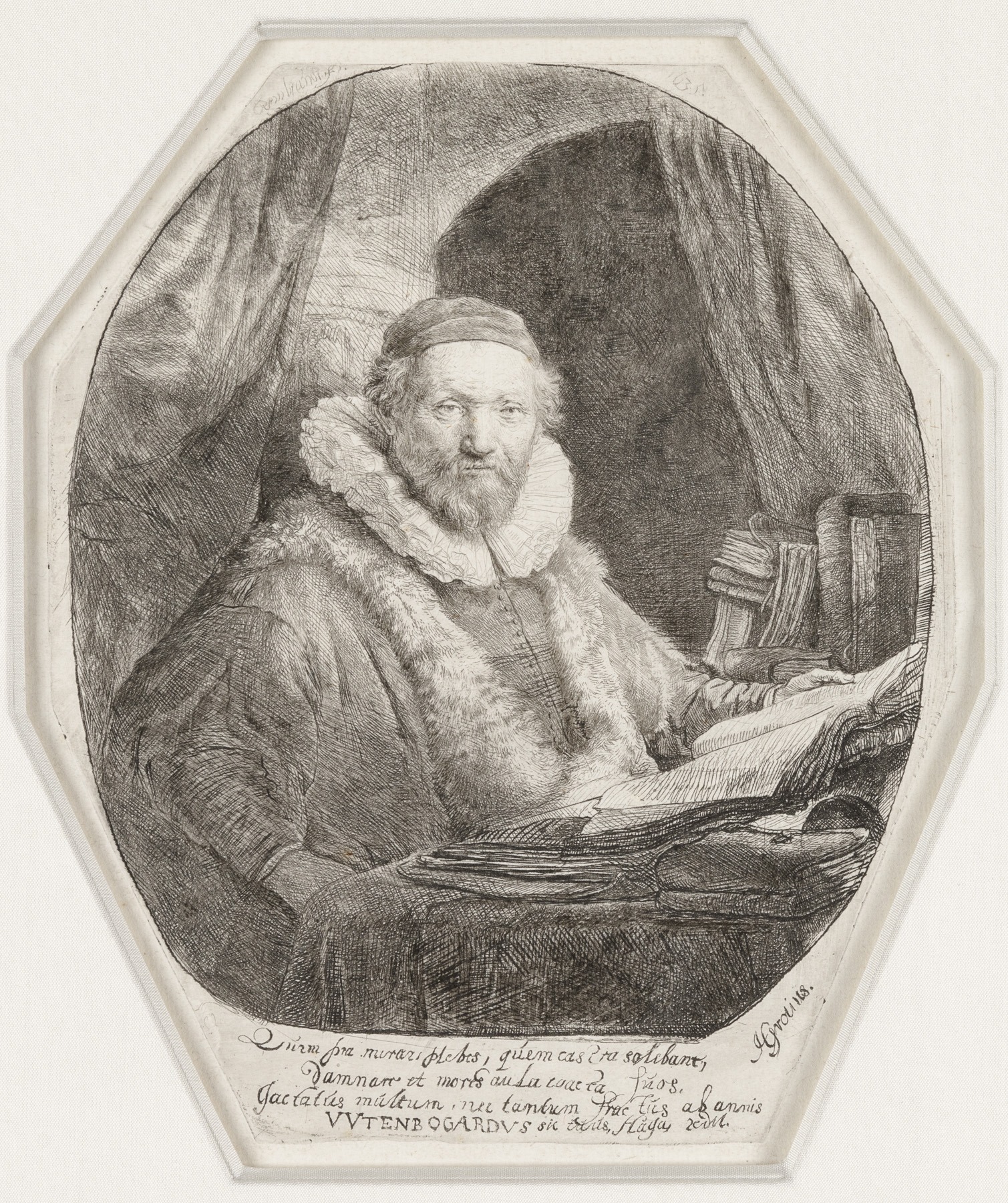 A black and white drawing of a man sitting at a table.