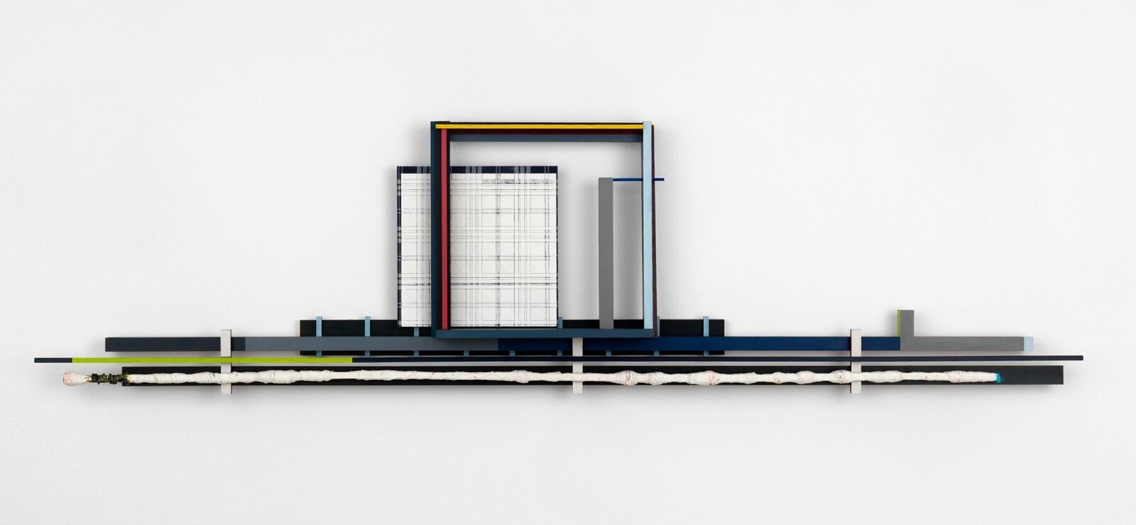 Artwork by Remy Jungerman, Hortizontal Obeah MAISA, Made of Cotton textile, kaolin (pimba) tar, beads, yarn, acrylic, wood (yellow poplar, plywood) 