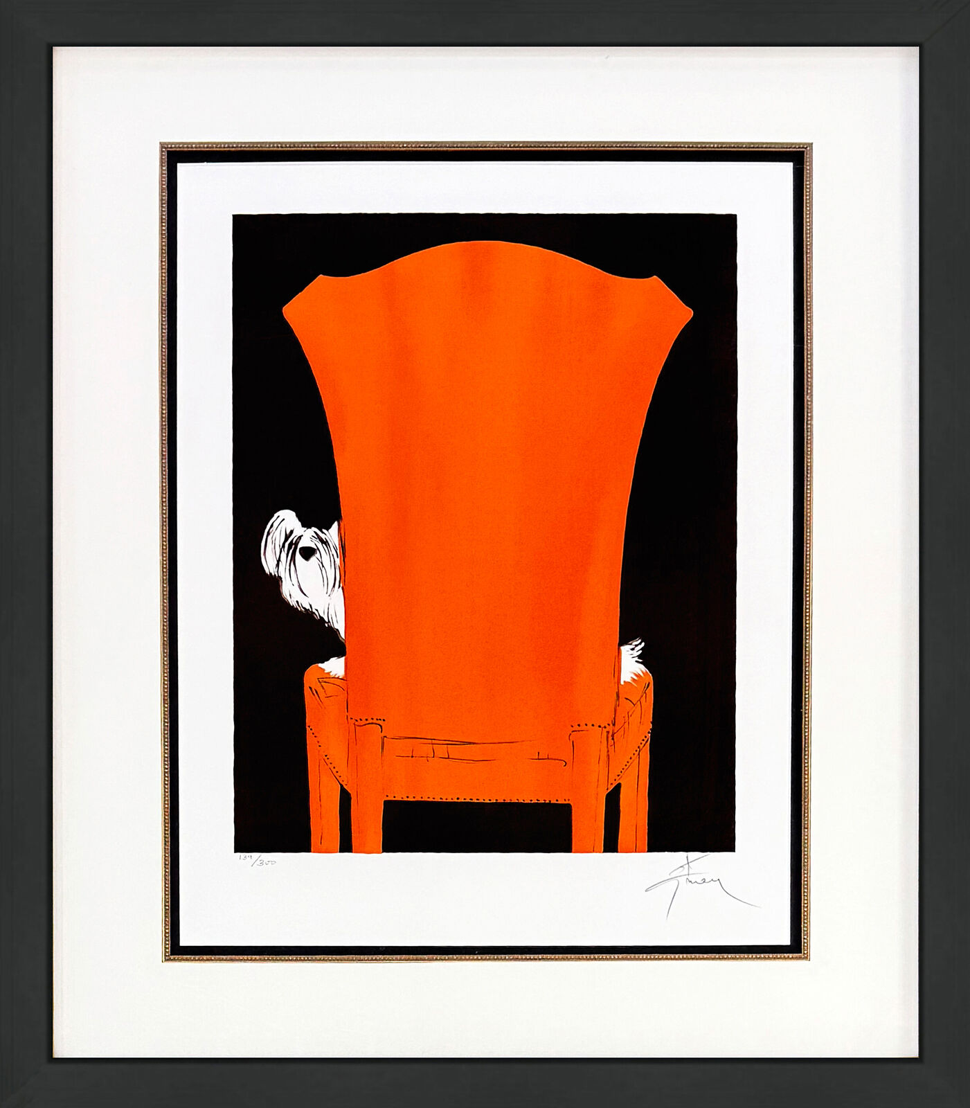 A picture of a dog sitting in an orange chair.