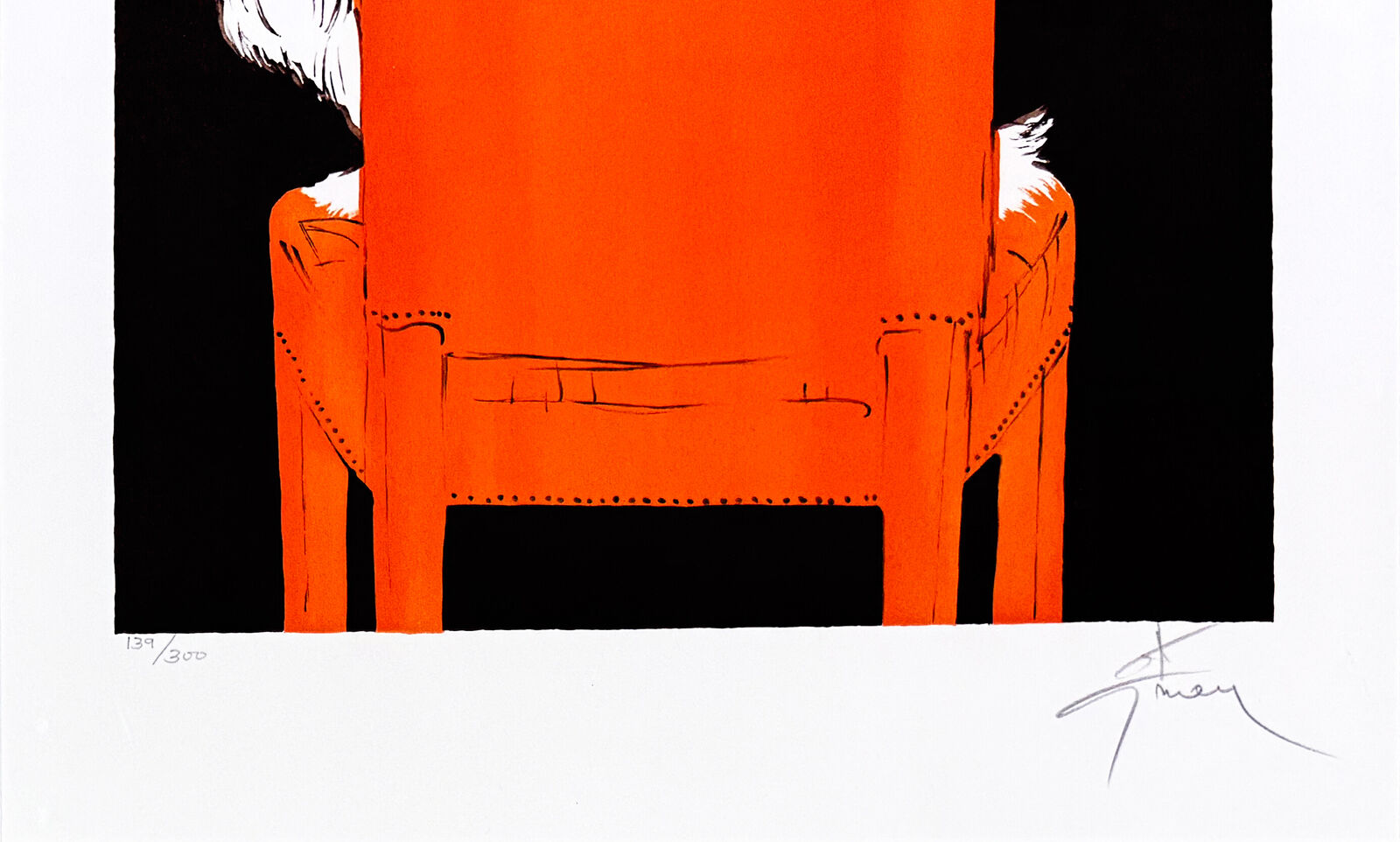 A picture of a dog sitting in an orange chair.