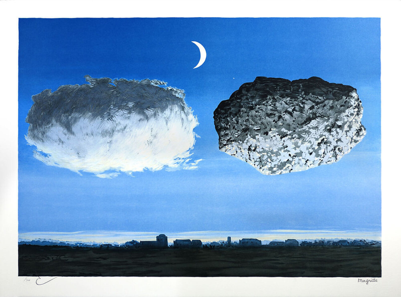 A painting of two clouds and a crescent in the sky.