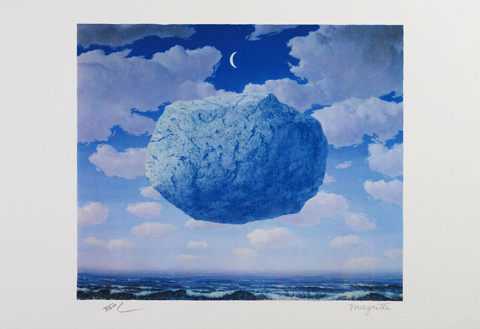 A painting of a large rock in the sky with a crescent in the background.