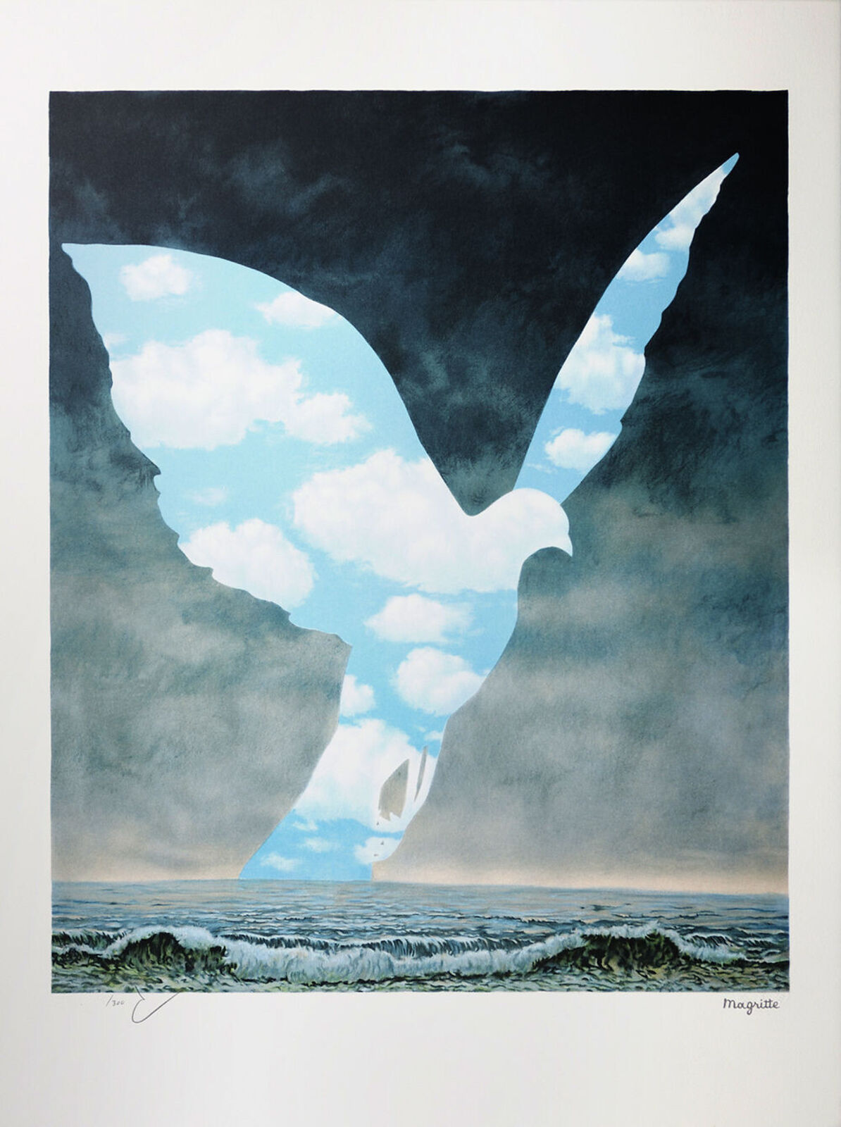 A painting of a seagull flying over the ocean on a cloudy day.