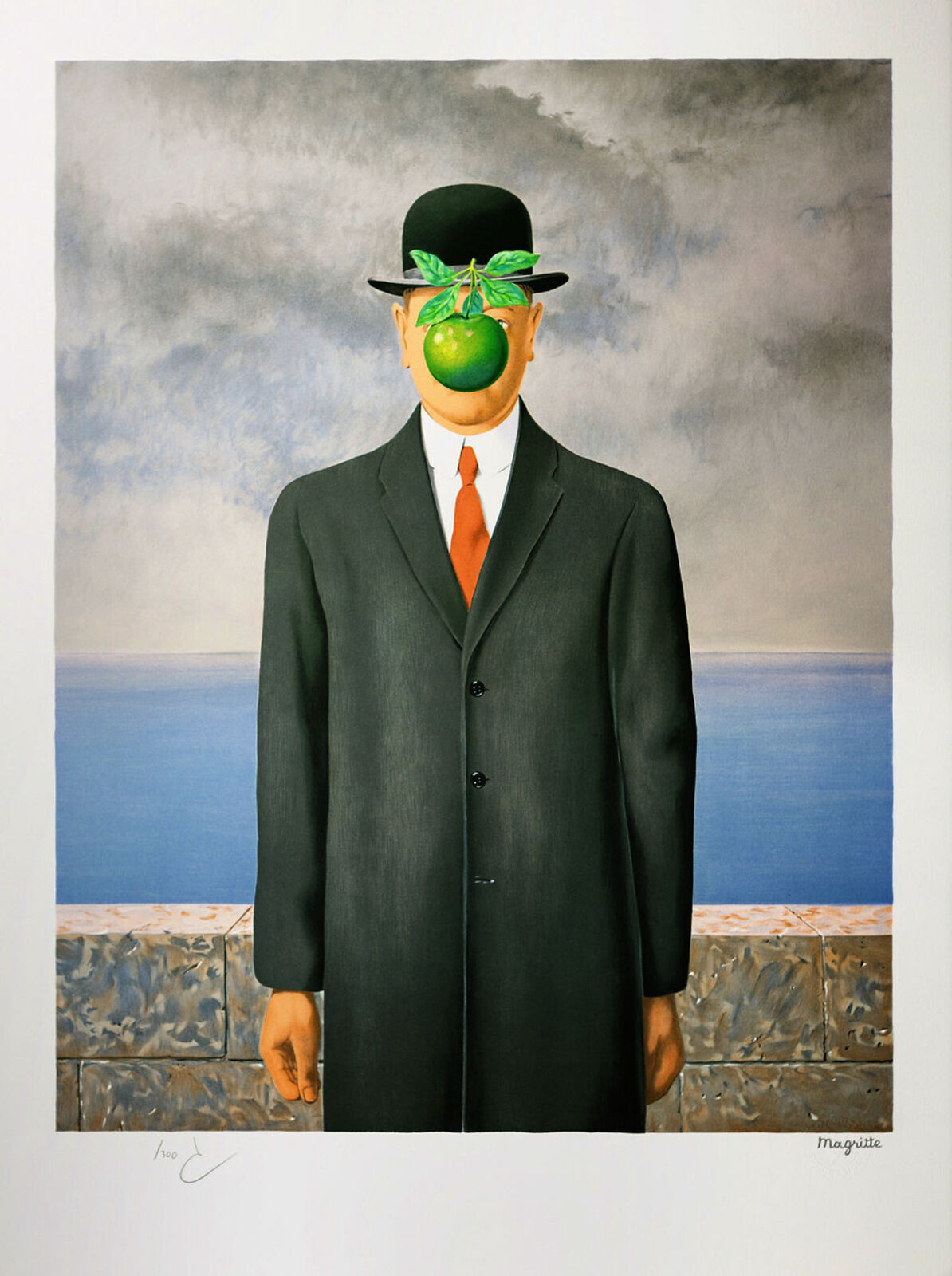 A painting of a man in a suit and hat with an apple on his head.