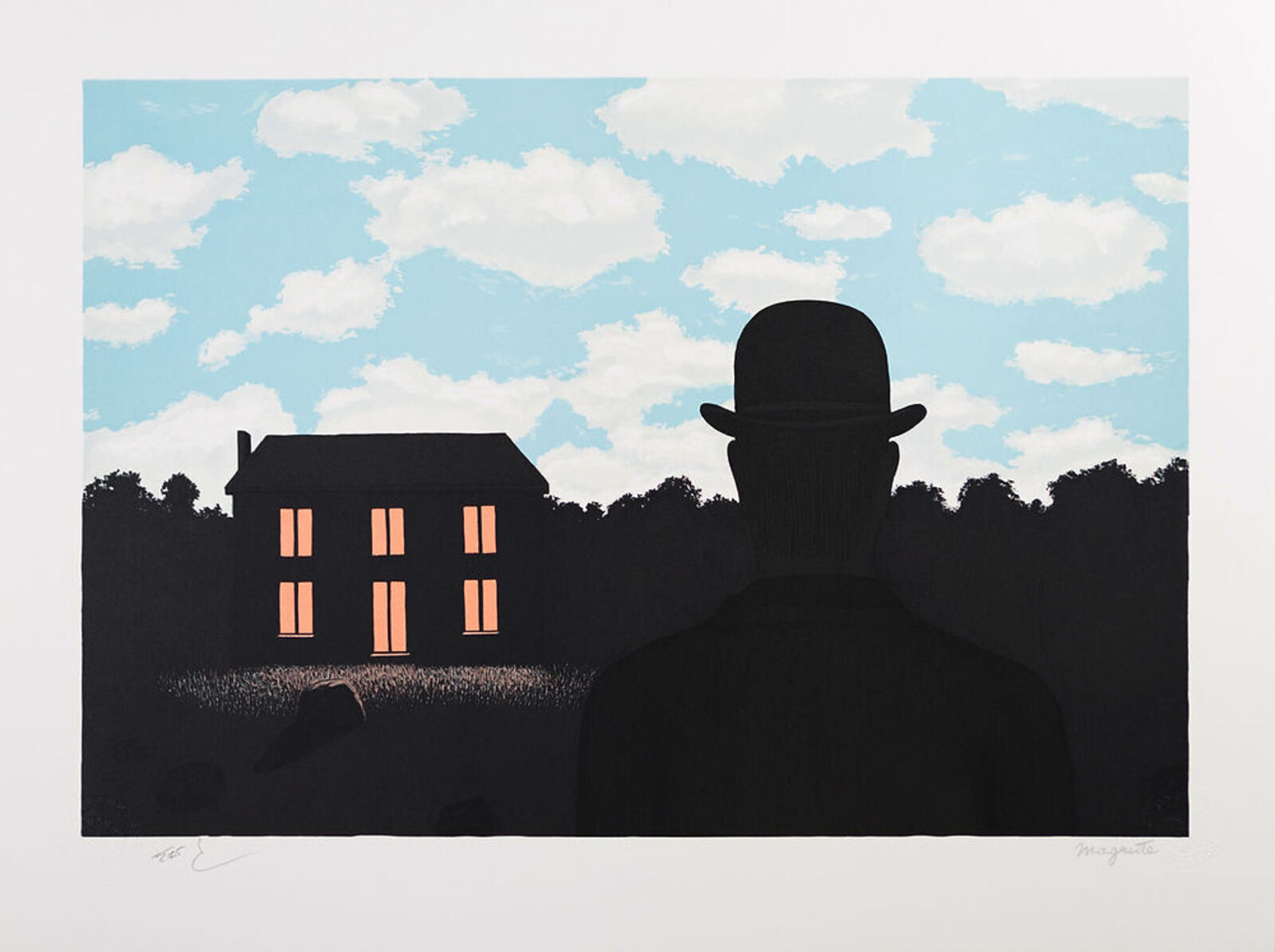 A silhouette of a man in a top hat standing in front of a house.