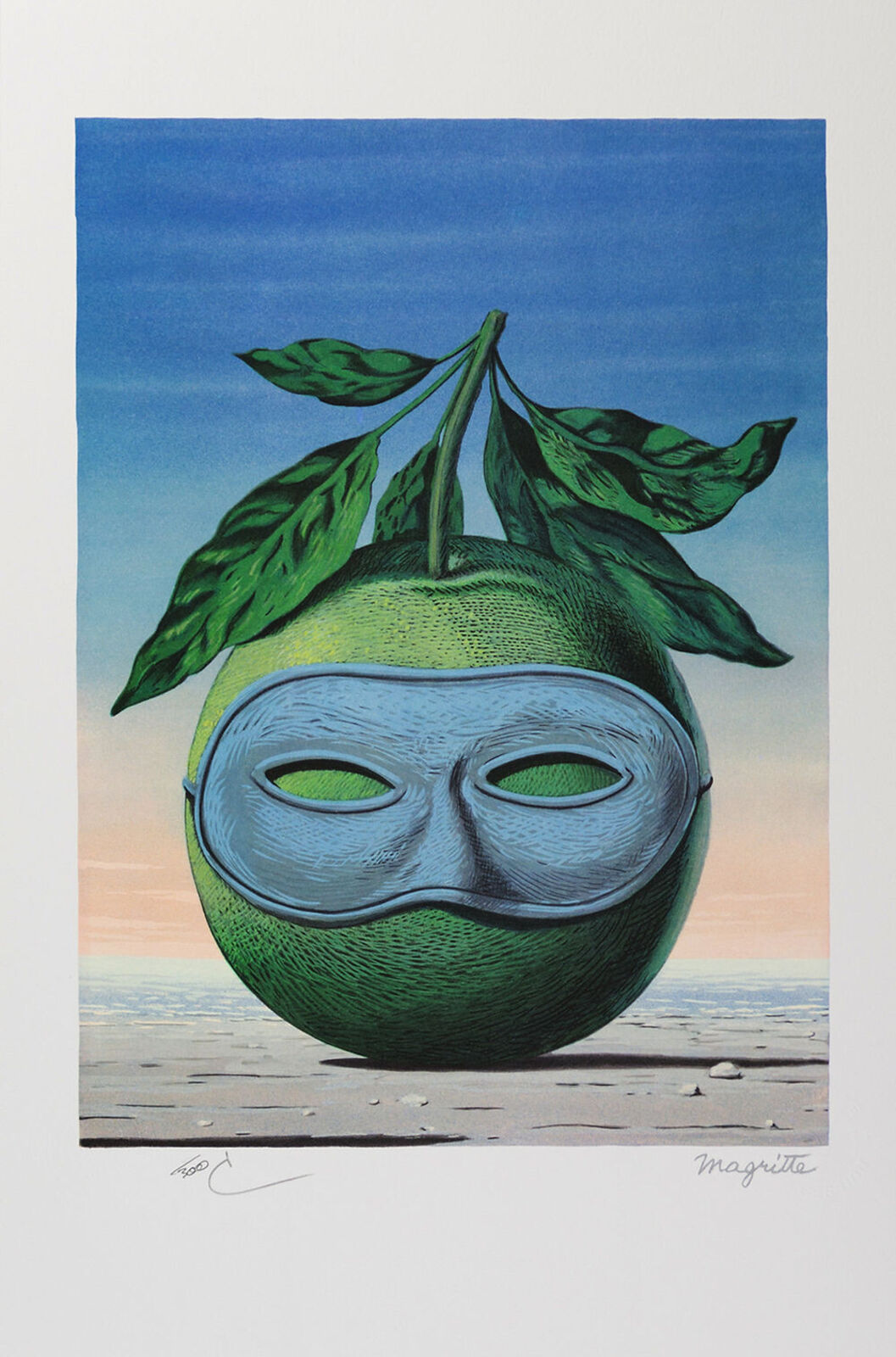 A painting of a green fruit with a mask on it.