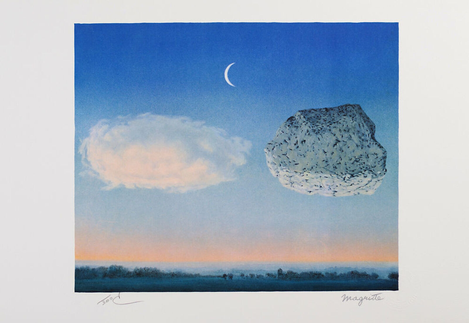 A painting of a rock and a crescent in the sky.