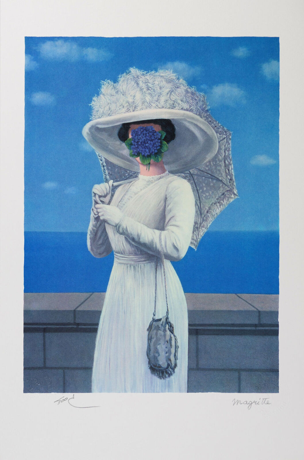 A painting of a woman in a white dress and hat holding an umbrella.