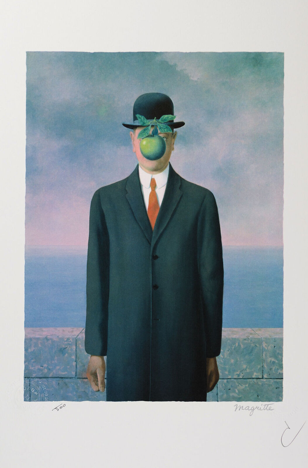 A painting of a man in a suit and top hat with an apple on his head.