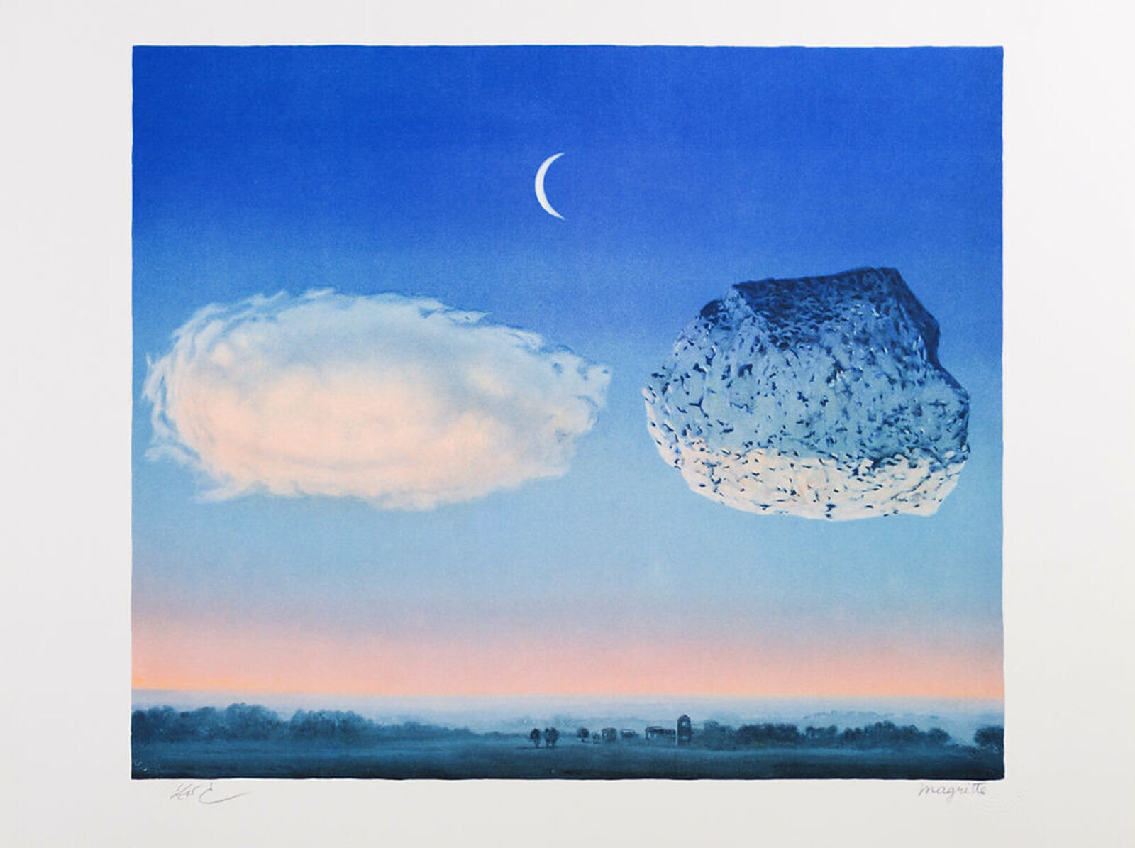 A painting of a rock and a cloud in the sky.