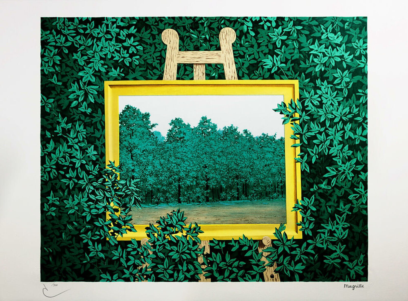 A painting of a yellow easel in front of a green wall.