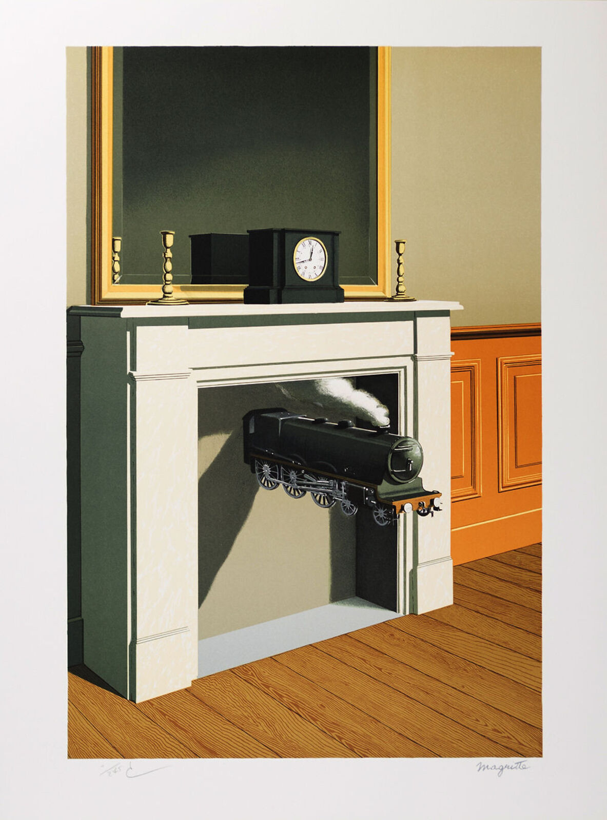 A painting of a fireplace with a clock on top of it.