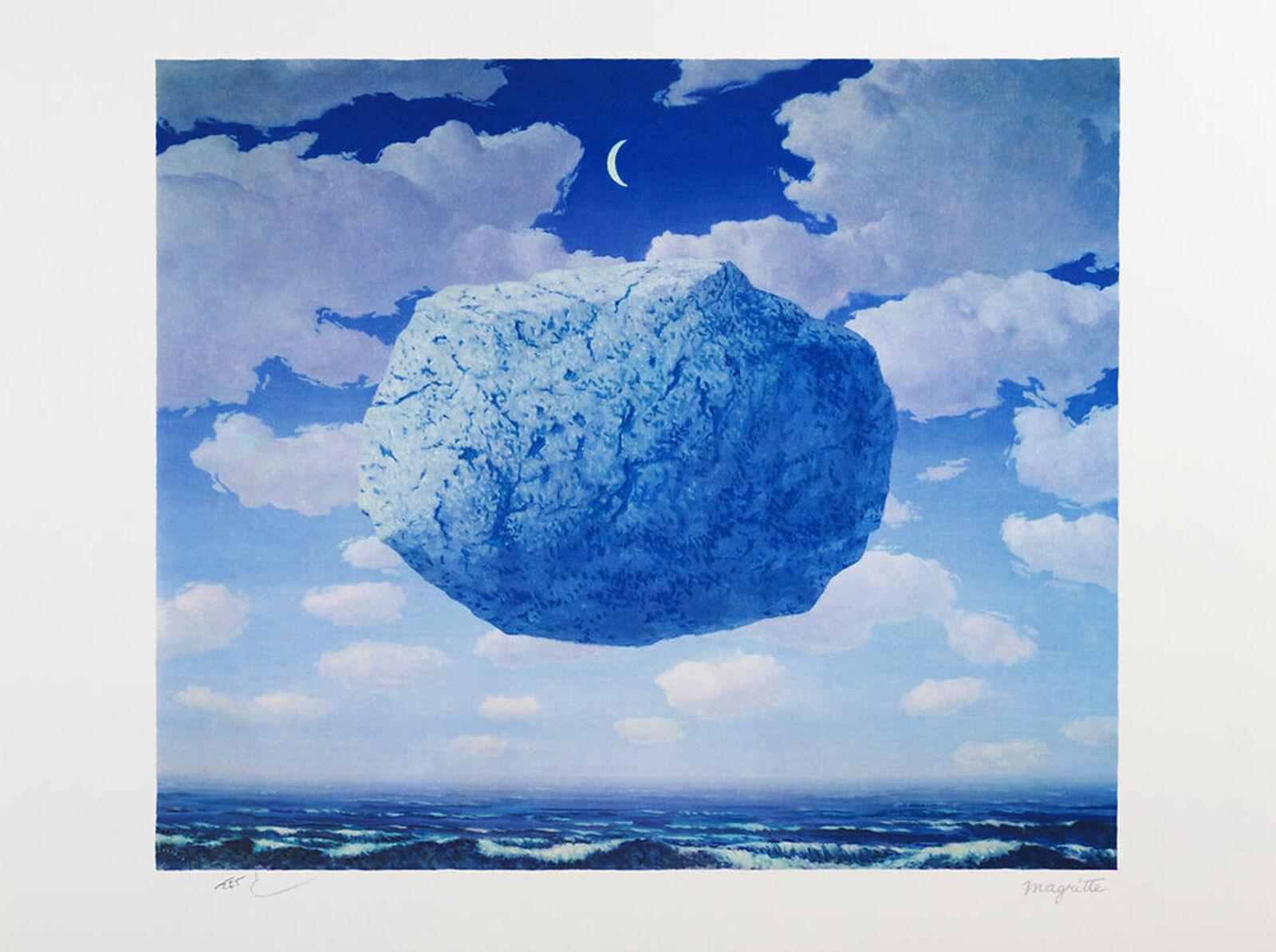 A painting of a large rock in the sky with a crescent in the background.