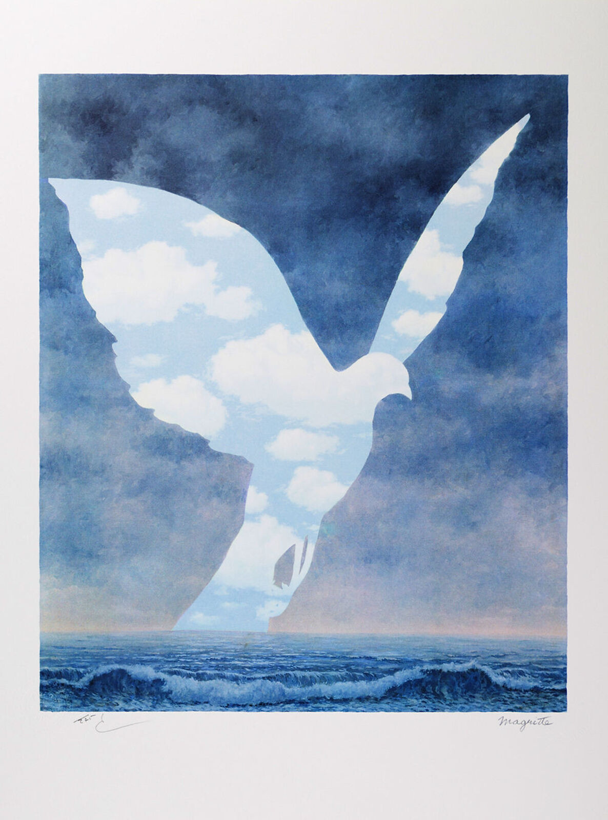 A painting of a seagull flying over the ocean on a cloudy day.