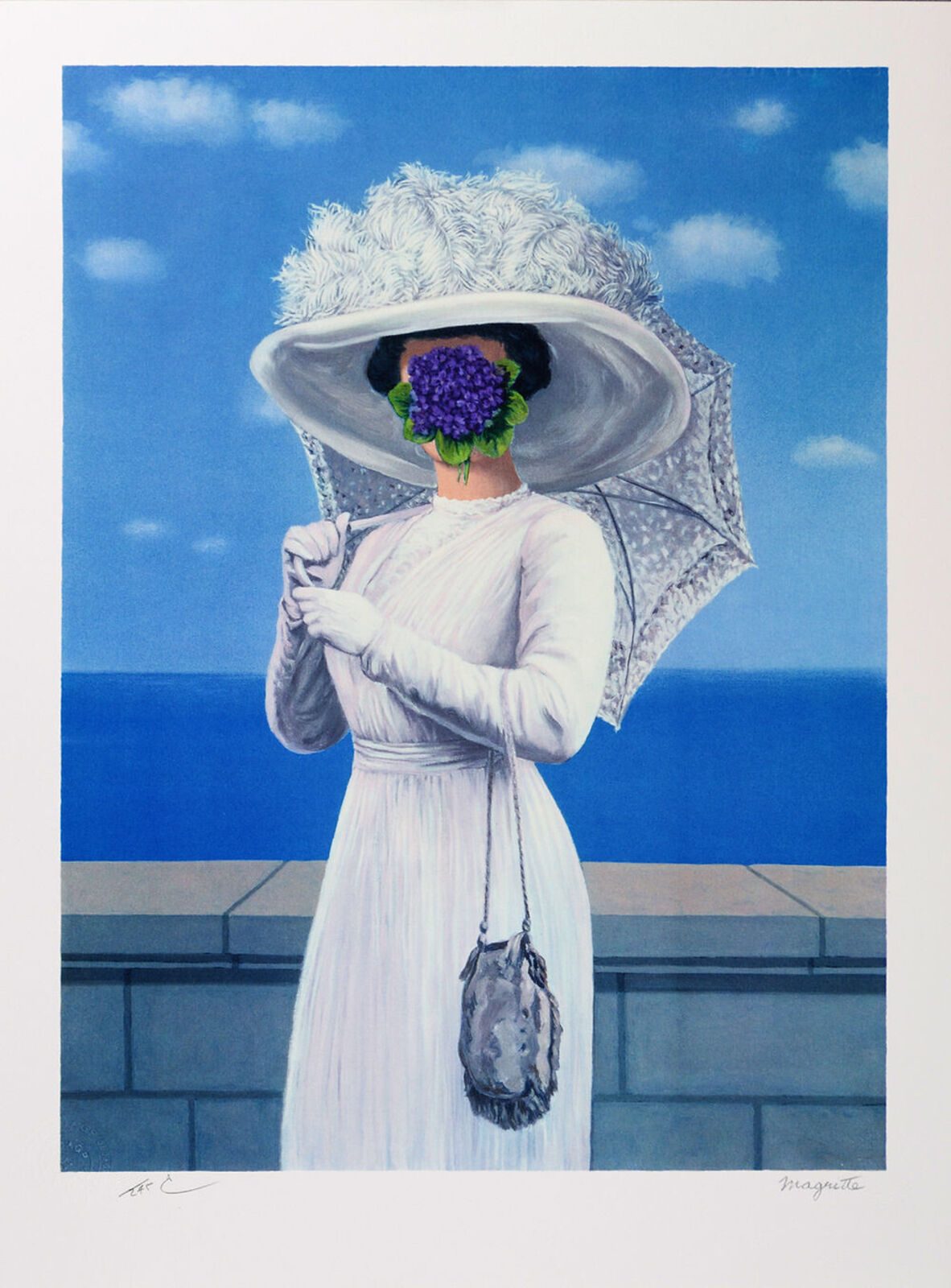 A painting of a woman in a white dress and hat holding an umbrella.