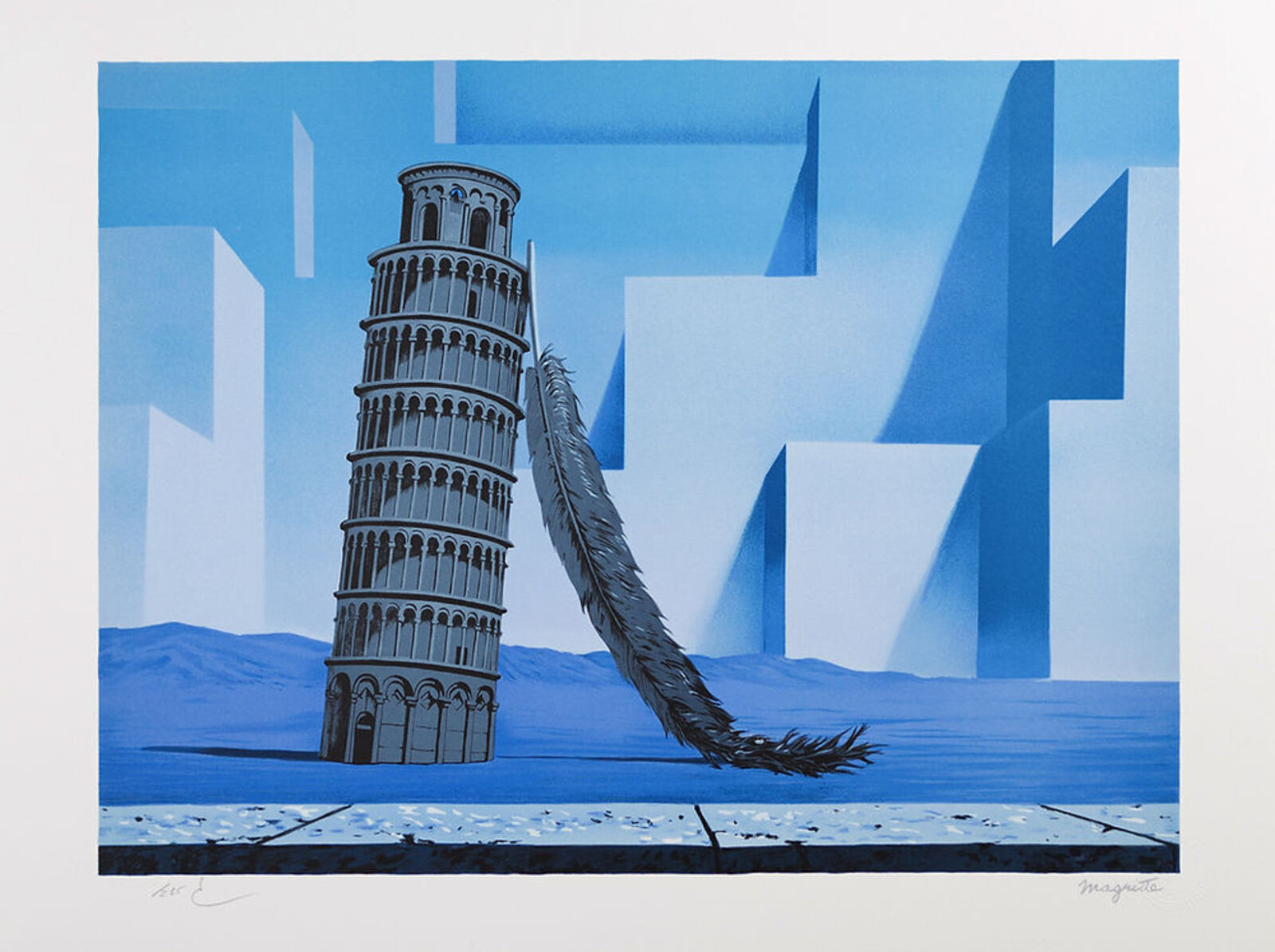 A painting of the leaning tower of pisa with a feather in the foreground.