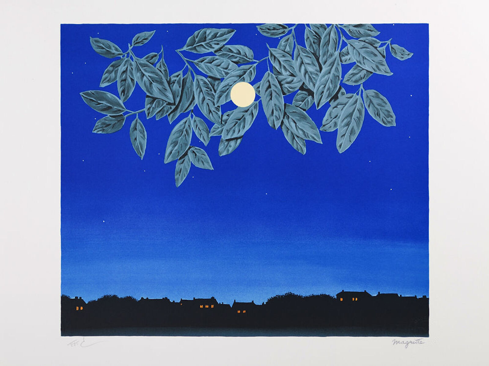 A painting of a tree branch with a full moon in the sky.