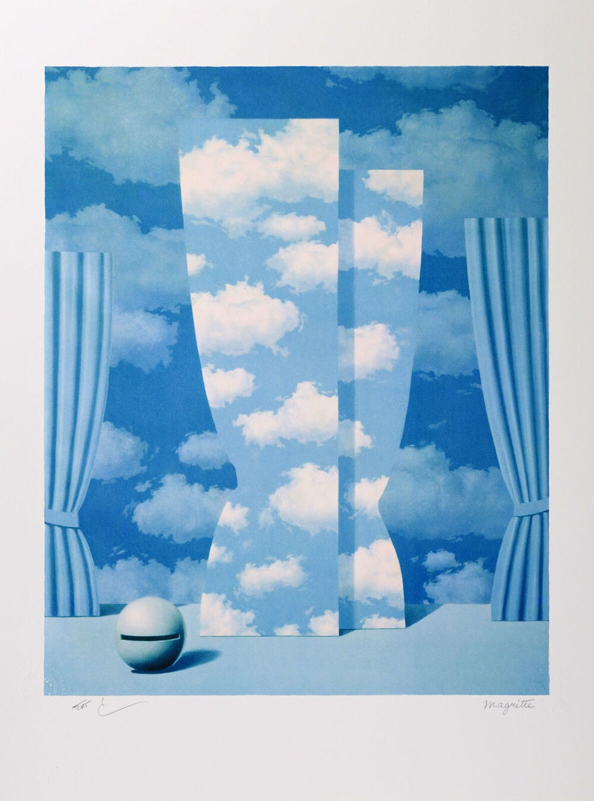 A painting of a blue sky with clouds and a ball in front of a window.