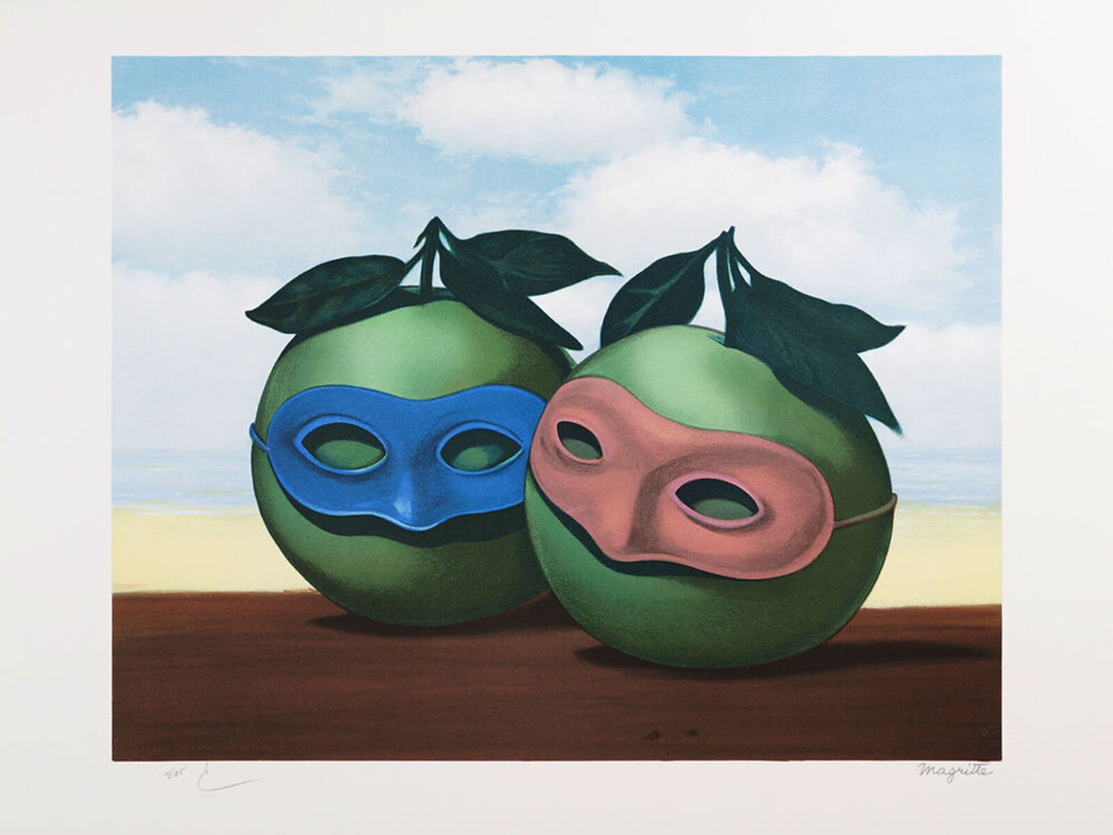 A painting of two green apples with masks on them.