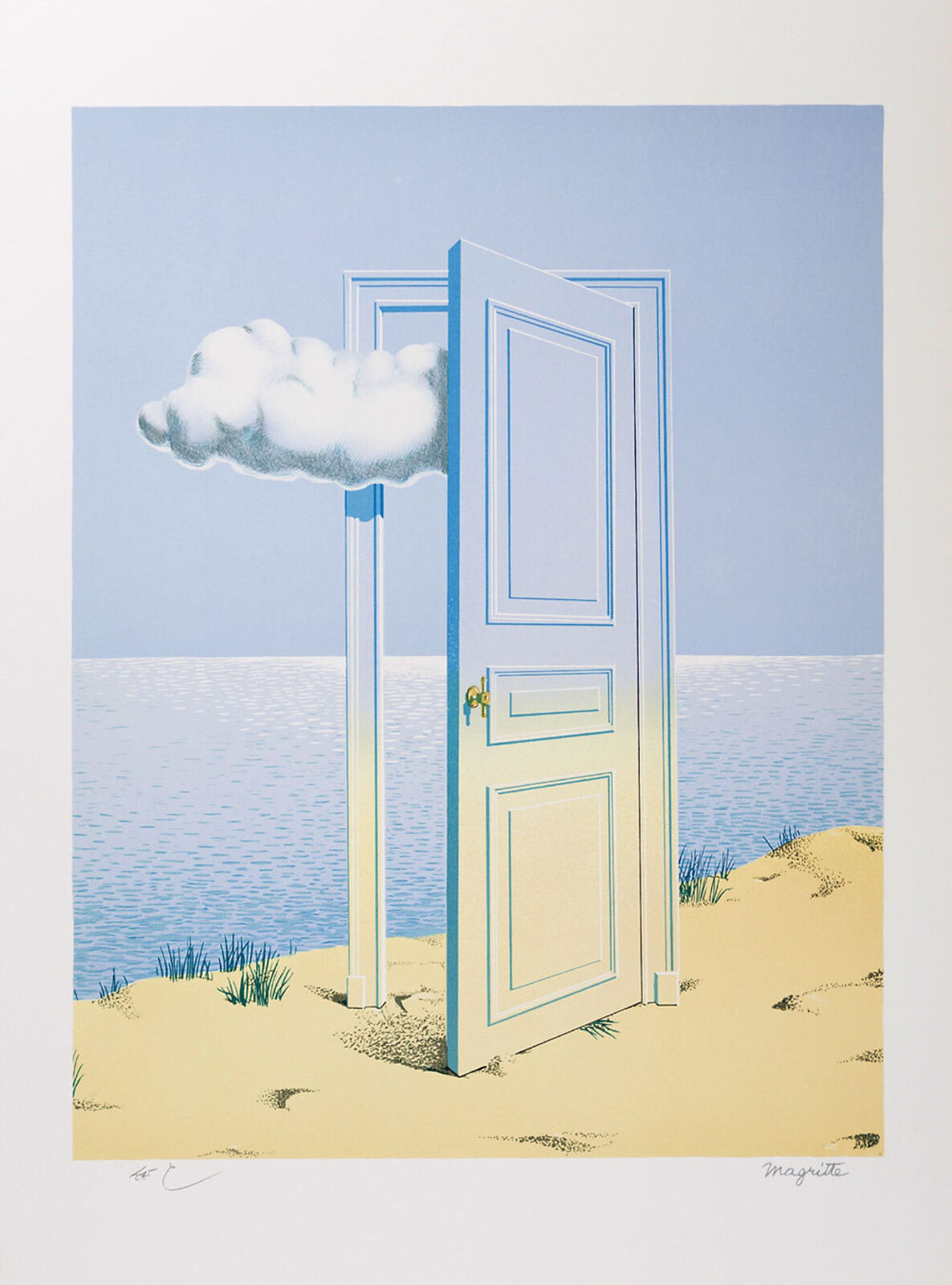 A painting of an open door with a cloud above it.