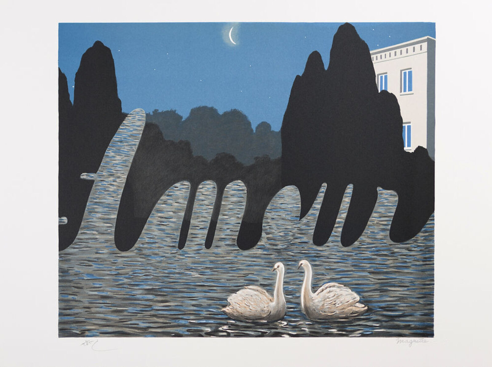 A painting of two swans swimming in a lake at night.