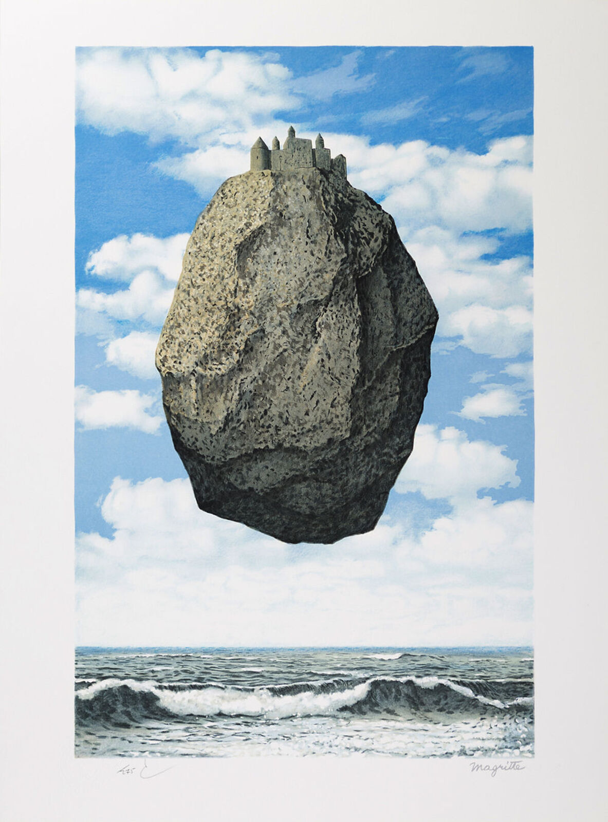 A painting of a rock with a castle on top of it.