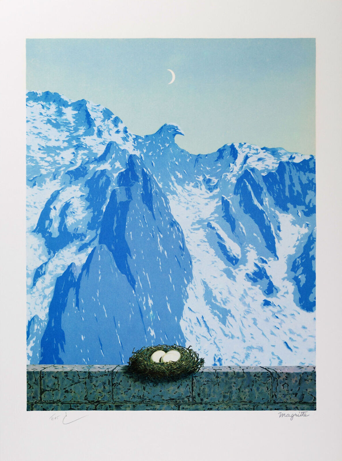 A painting of a bird's nest on a wall with mountains in the background.