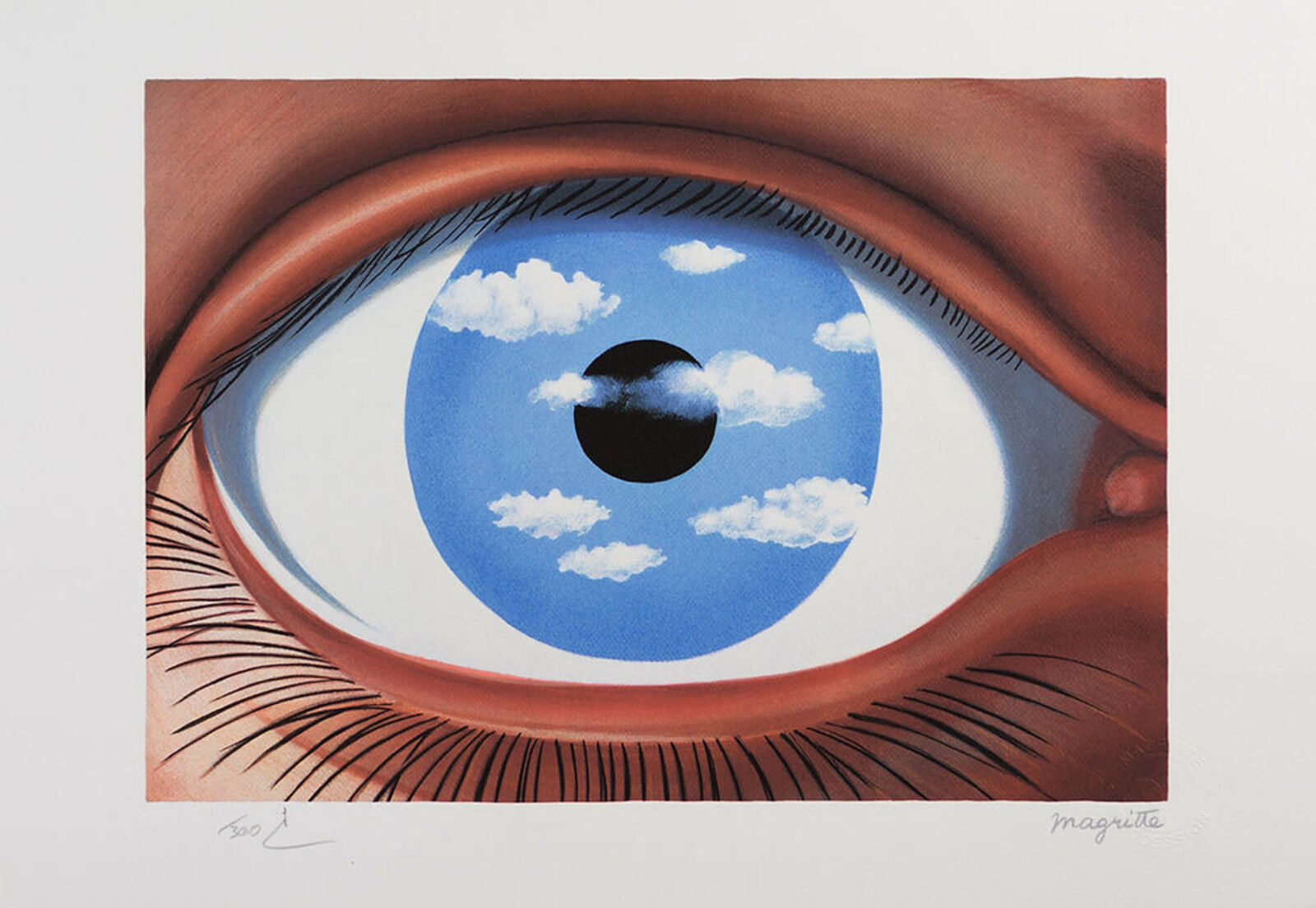 A painting of an eye with a planet in the pupil.