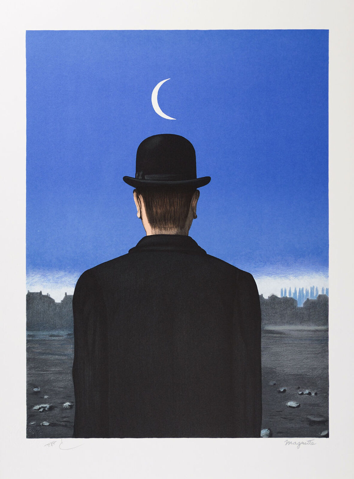 A painting of a man in a top hat looking at the moon.