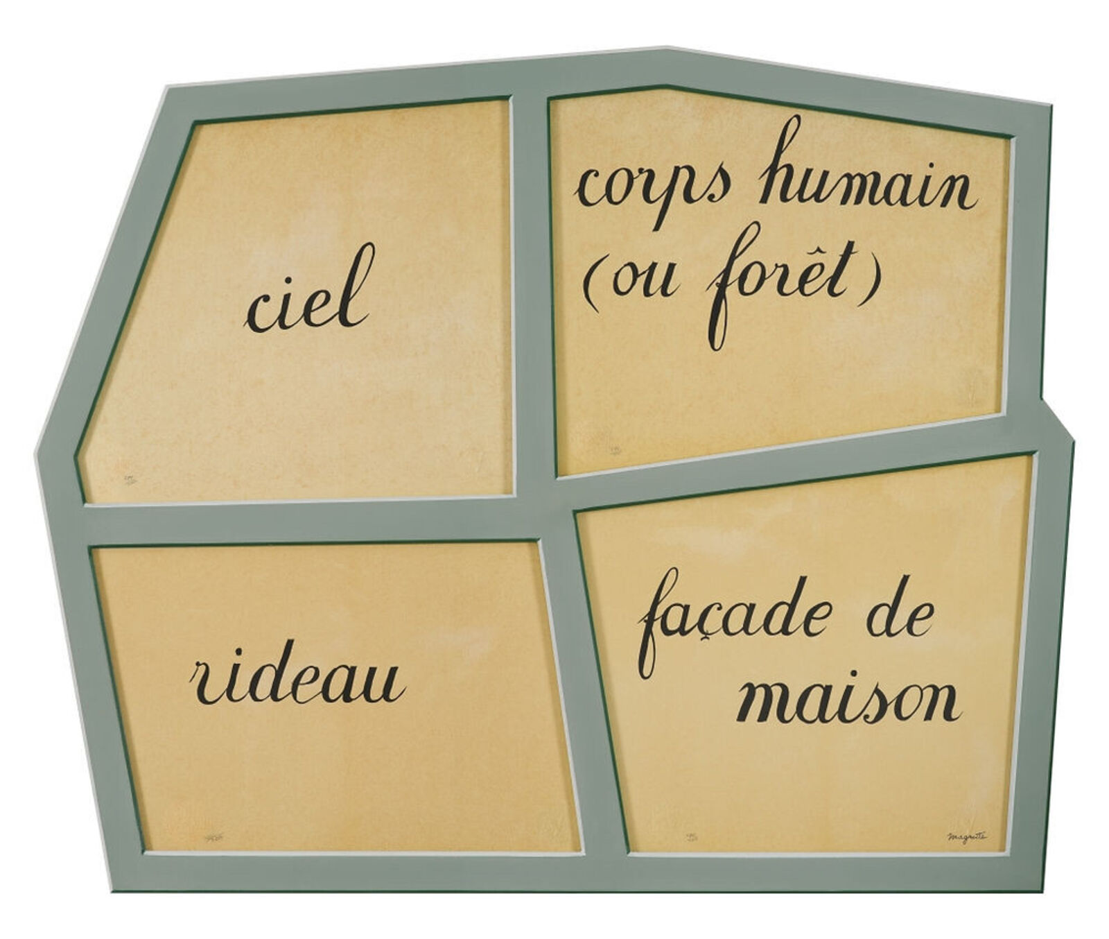 A picture frame with four different words on it.