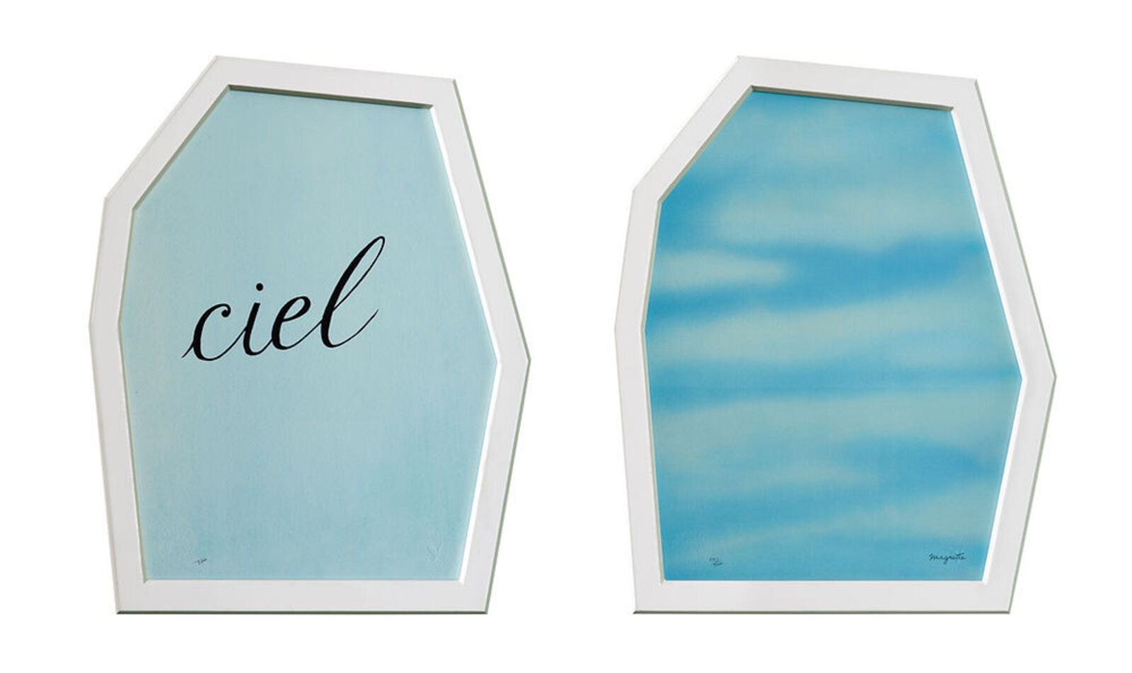 A couple of framed pictures with the word ciel written on them.