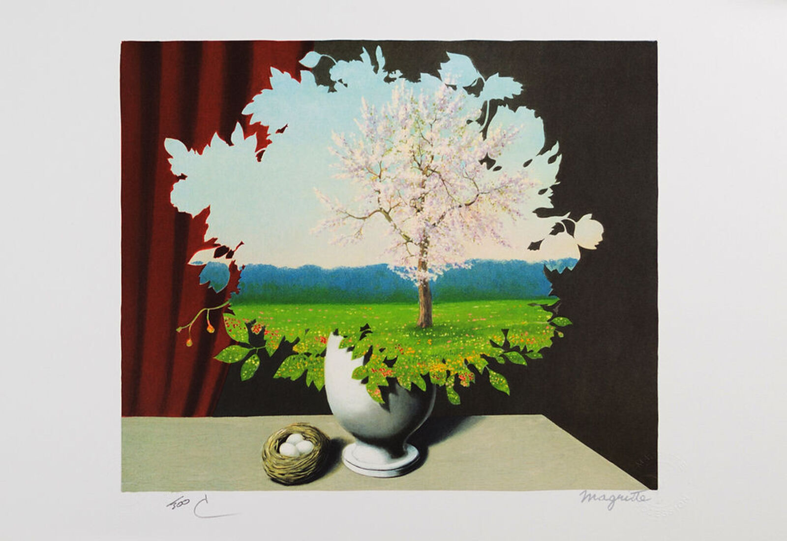 A painting of a tree in a vase on a table.