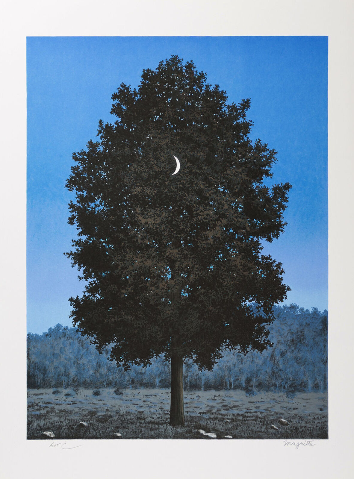 A painting of a tree with a crescent moon in the sky.