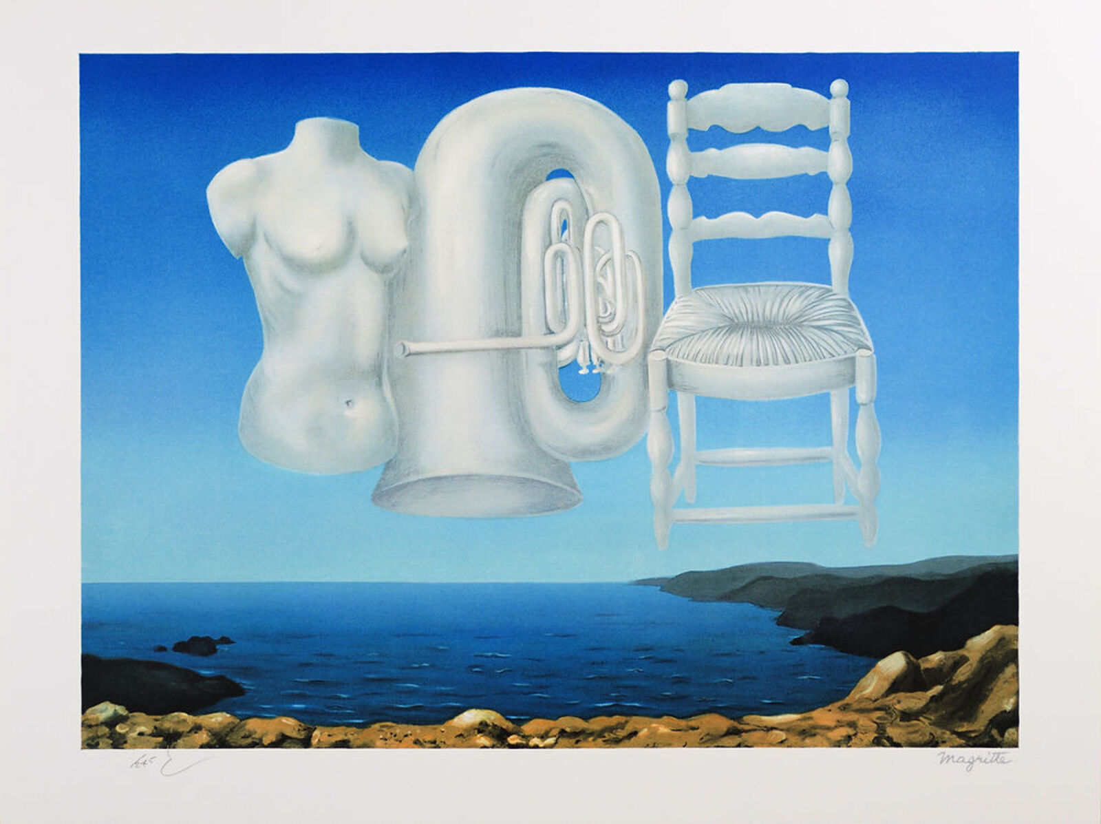 A painting of a tuba and a chair on a beach.