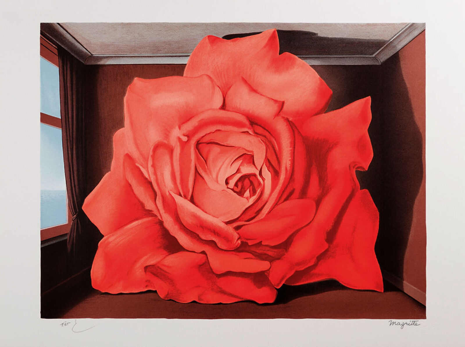 A painting of a red rose in front of a window.