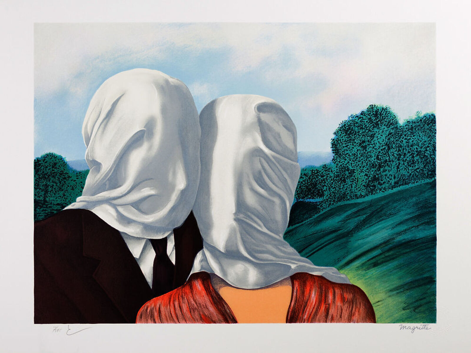 A painting of two people with white headscarves on their heads.