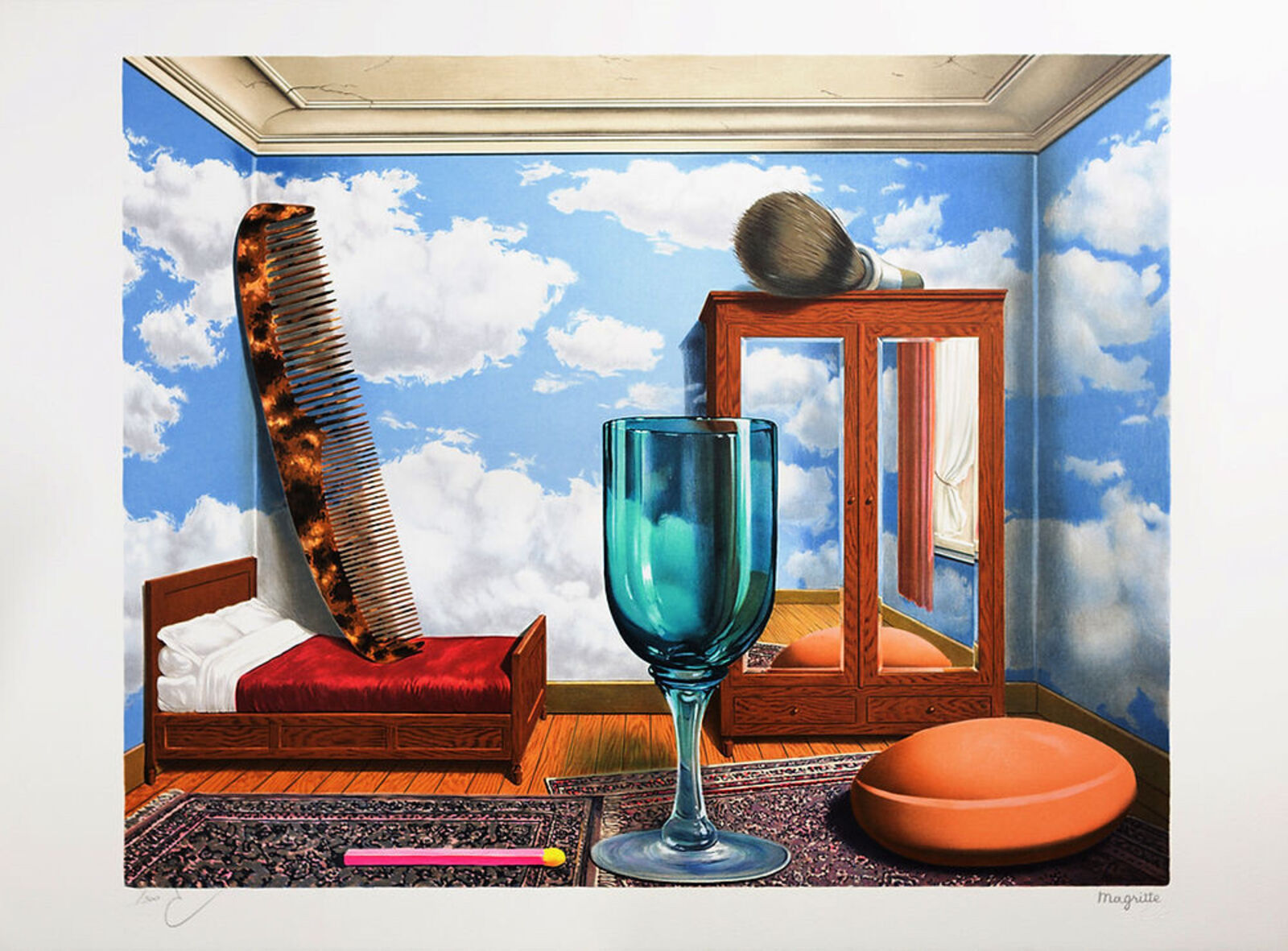 A painting of a room with a bed, a mirror, a glass of wine and a comb.