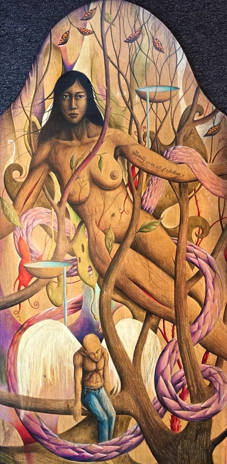 A painting of a woman sitting on a tree branch.