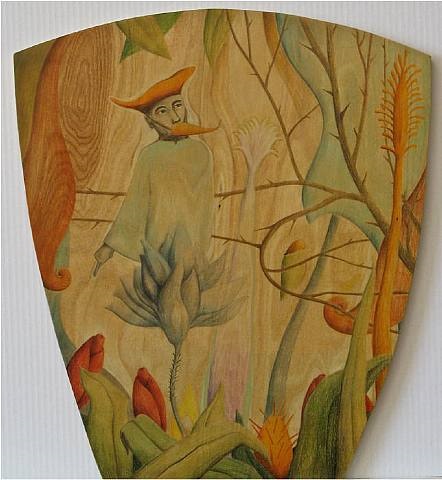 a painting of a man in a hat and a bird of paradise