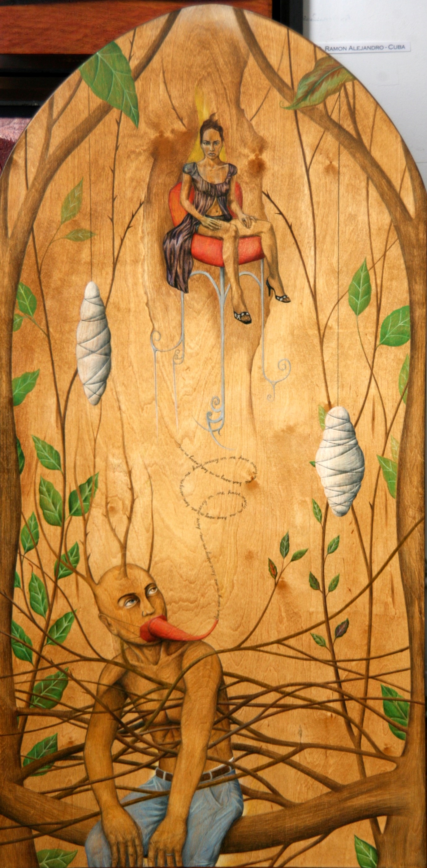 A painting of a man sitting on a chair in a tree.